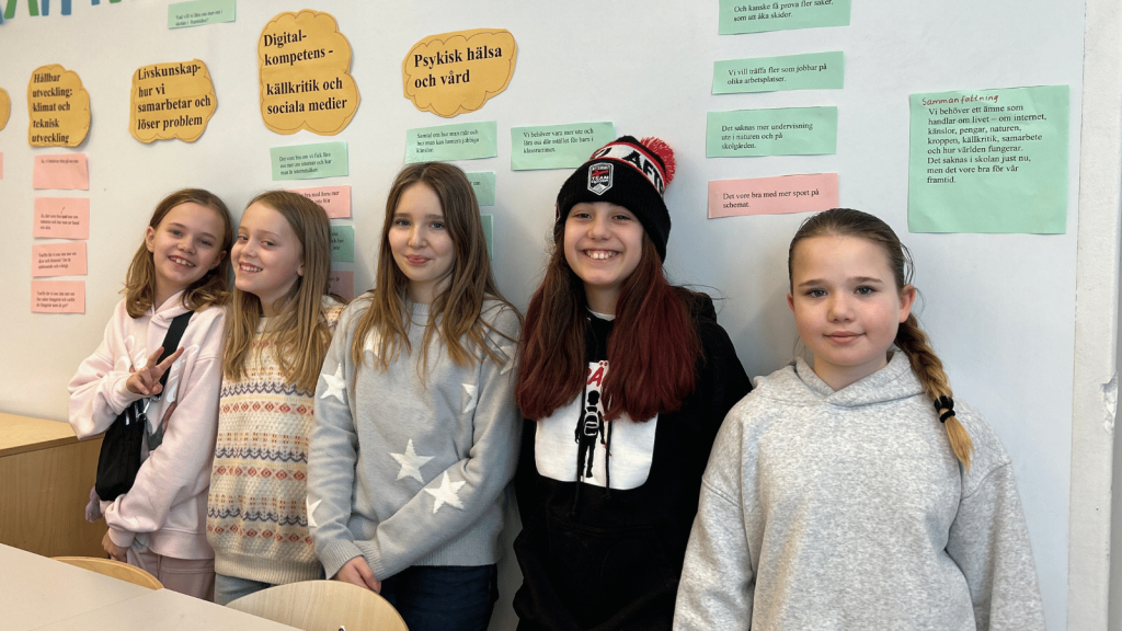 Fem tjejer i årskurs fem står mot en vägg och ler in mot kameran. En av flickorna visar fredstecknet och en annan let stort med tänderna.